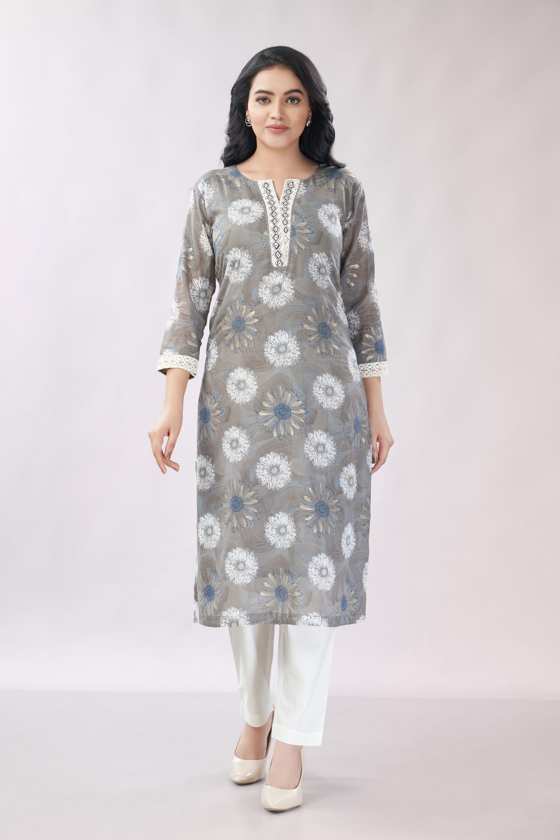 A-line Printed Embroidered Cotton Kurti - Dedhia House