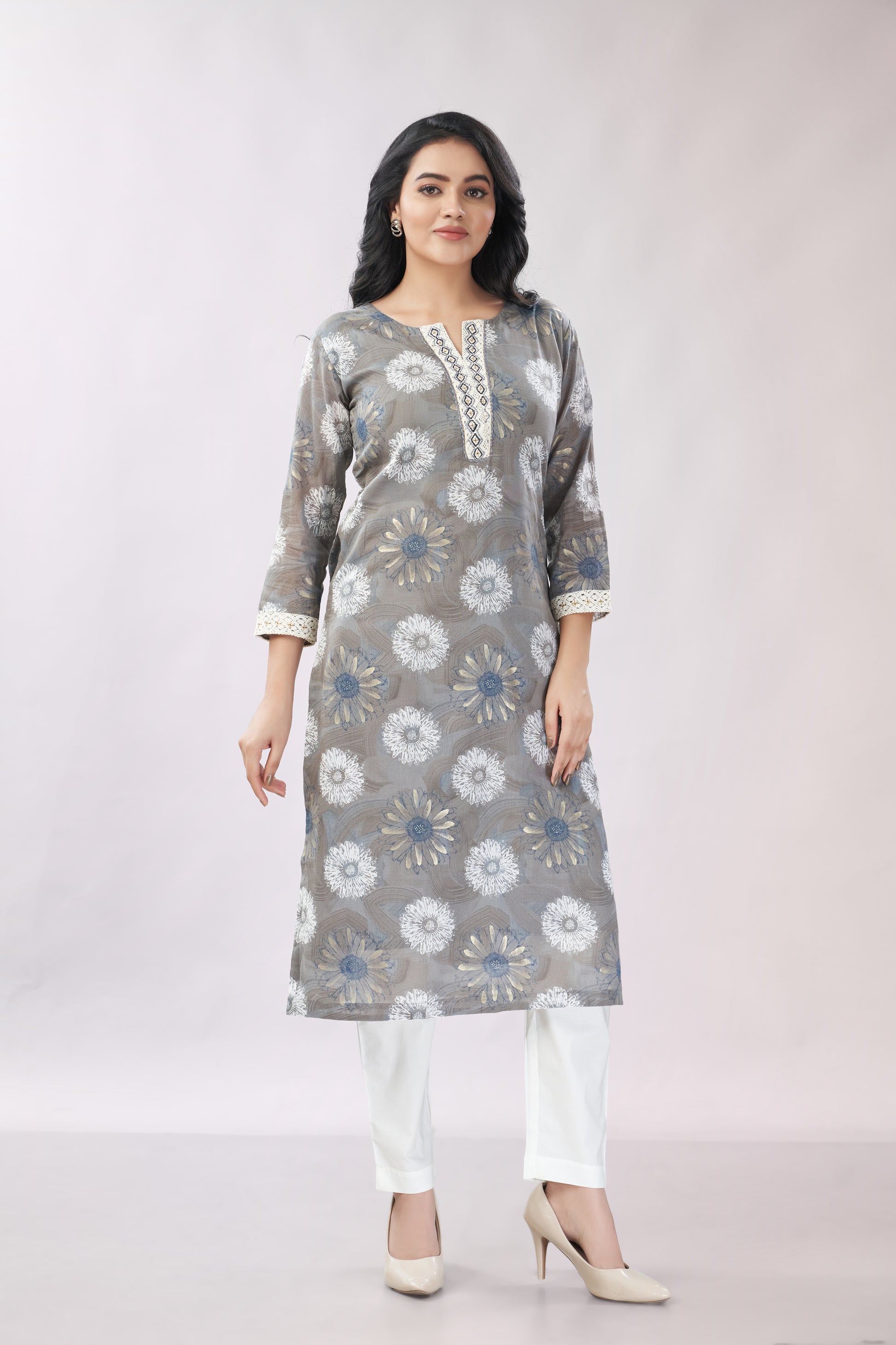 A-line Printed Embroidered Cotton Kurti - Dedhia House