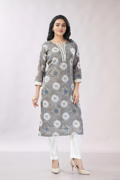 A-line Printed Embroidered Cotton Kurti - Dedhia House