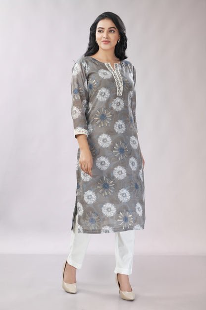 A-line Printed Embroidered Cotton Kurti - Dedhia House