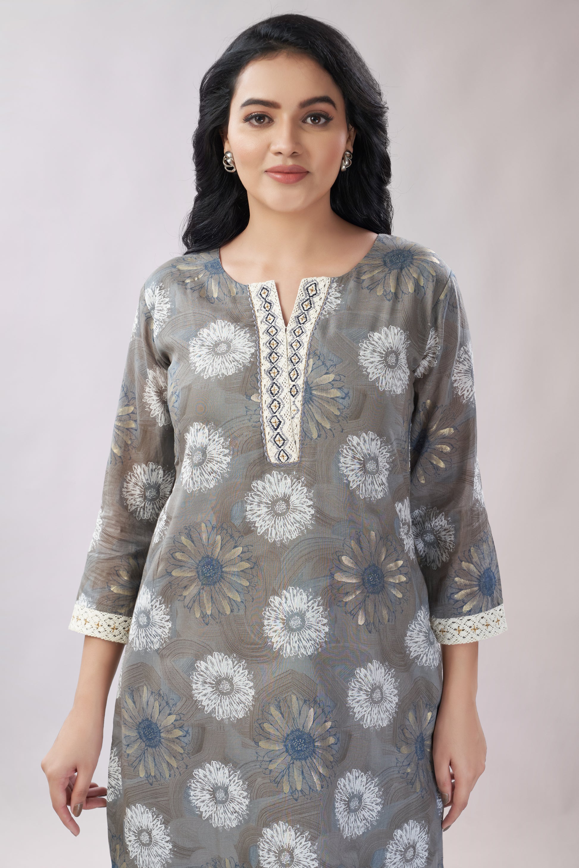 A-line Printed Embroidered Cotton Kurti - Dedhia House