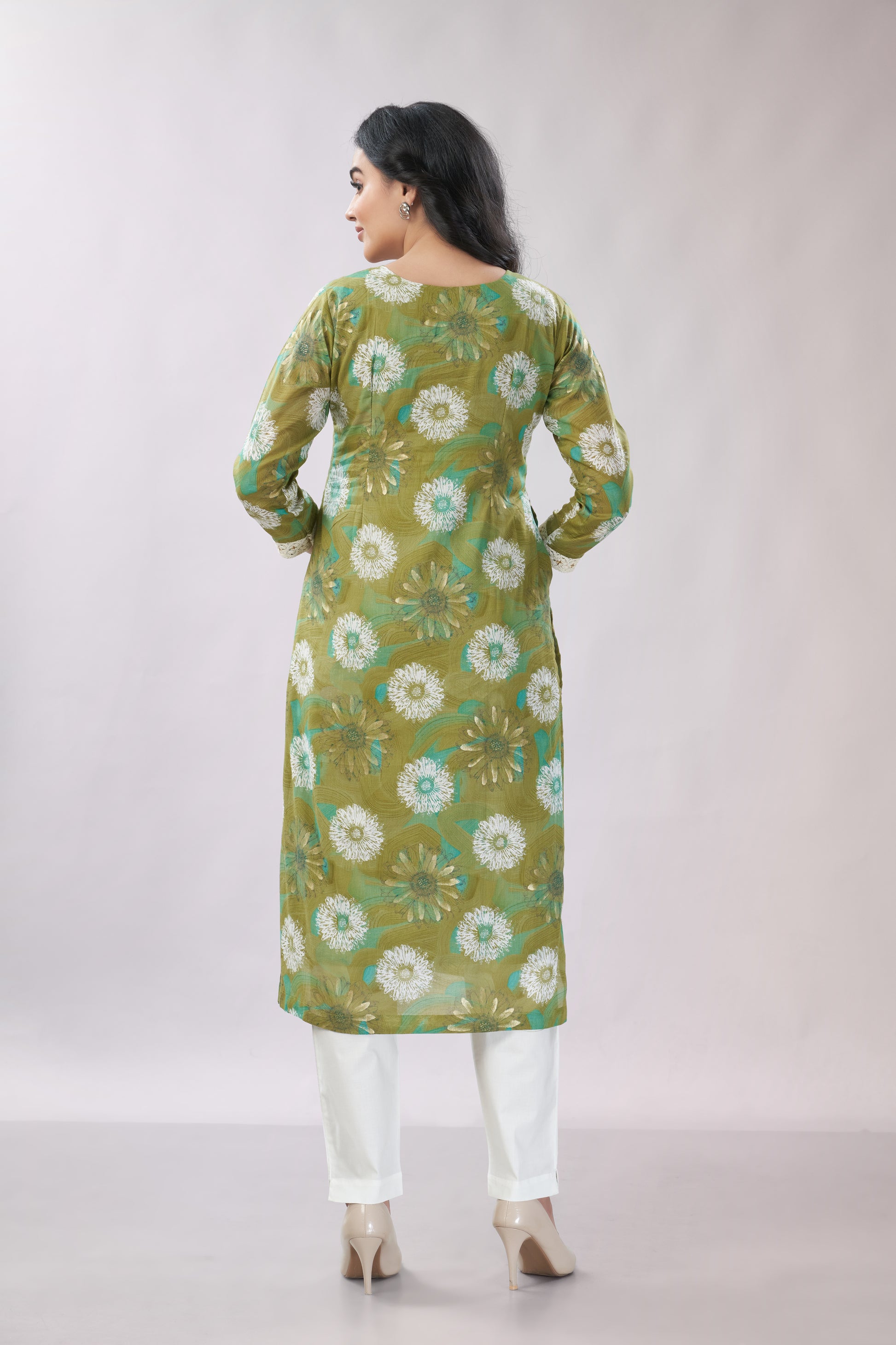 A-line Printed Embroidered Cotton Kurti - Dedhia House