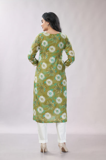 A-line Printed Embroidered Cotton Kurti - Dedhia House