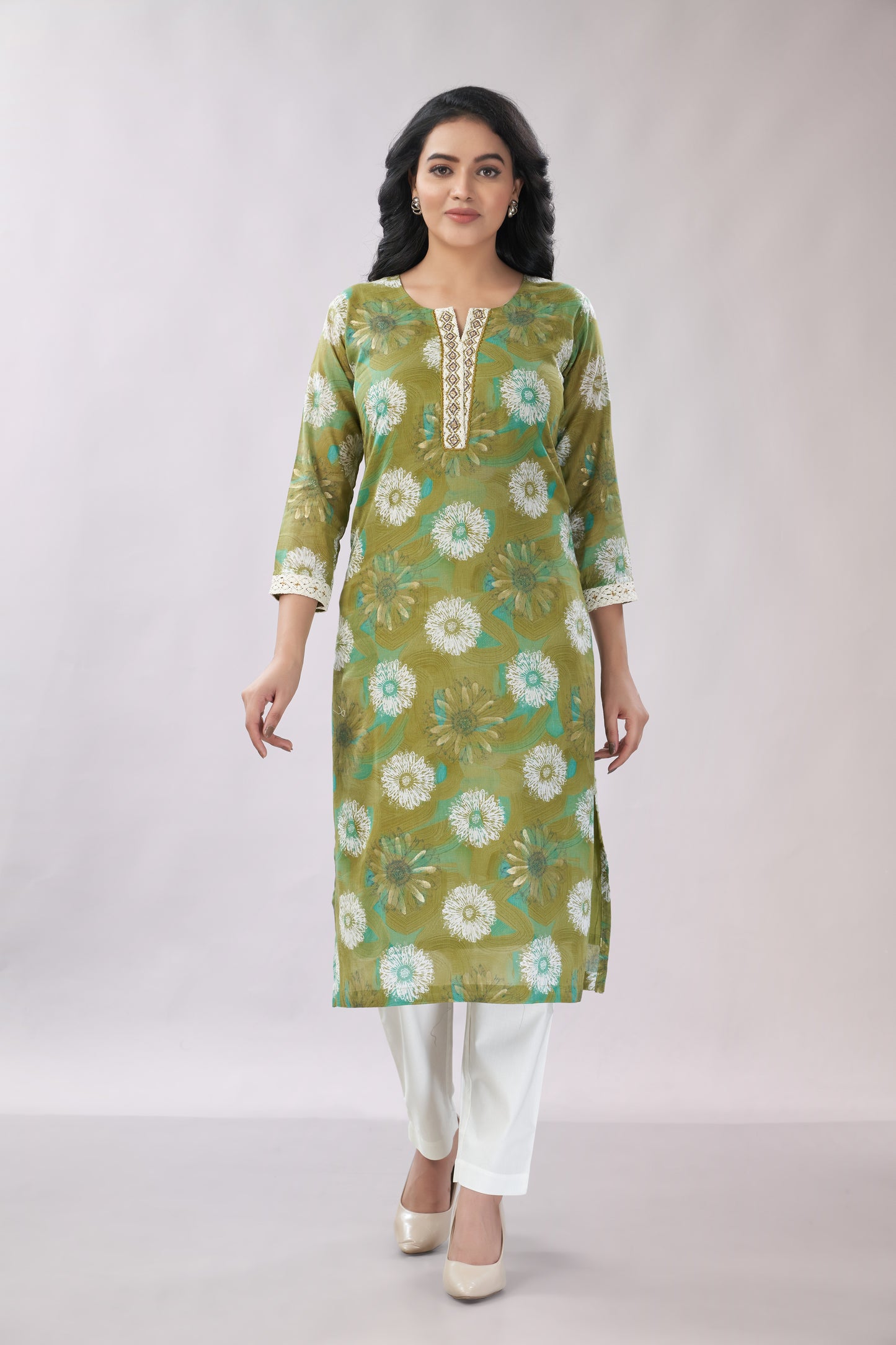 A-line Printed Embroidered Cotton Kurti - Dedhia House