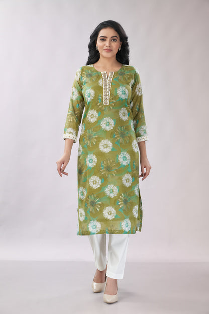 A-line Printed Embroidered Cotton Kurti - Dedhia House