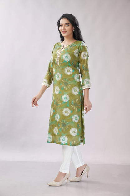 A-line Printed Embroidered Cotton Kurti - Dedhia House