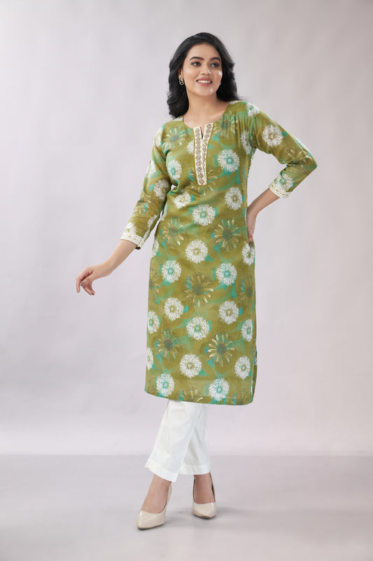 A-line Printed Embroidered Cotton Kurti - Dedhia House