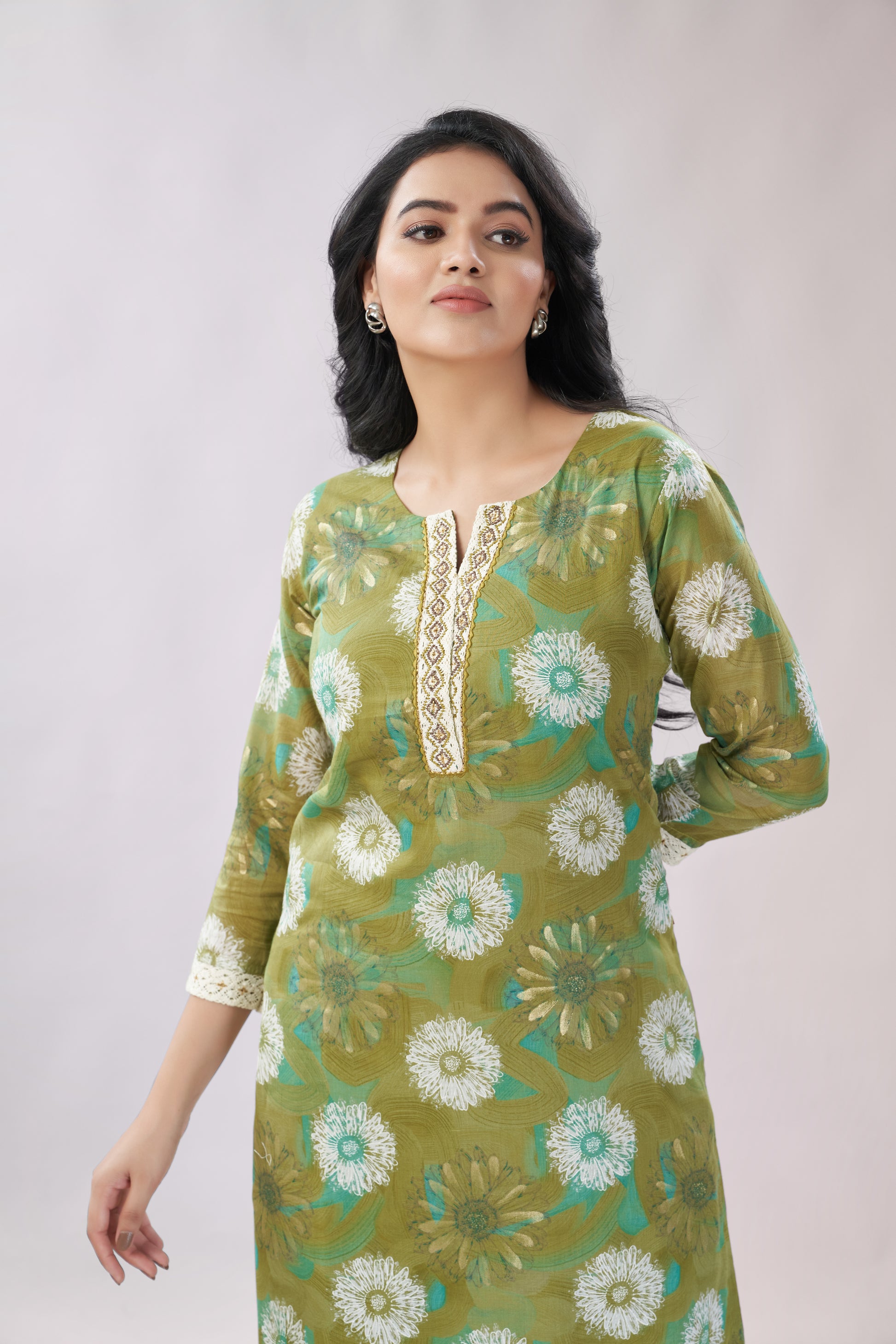 A-line Printed Embroidered Cotton Kurti - Dedhia House