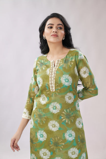 A-line Printed Embroidered Cotton Kurti - Dedhia House