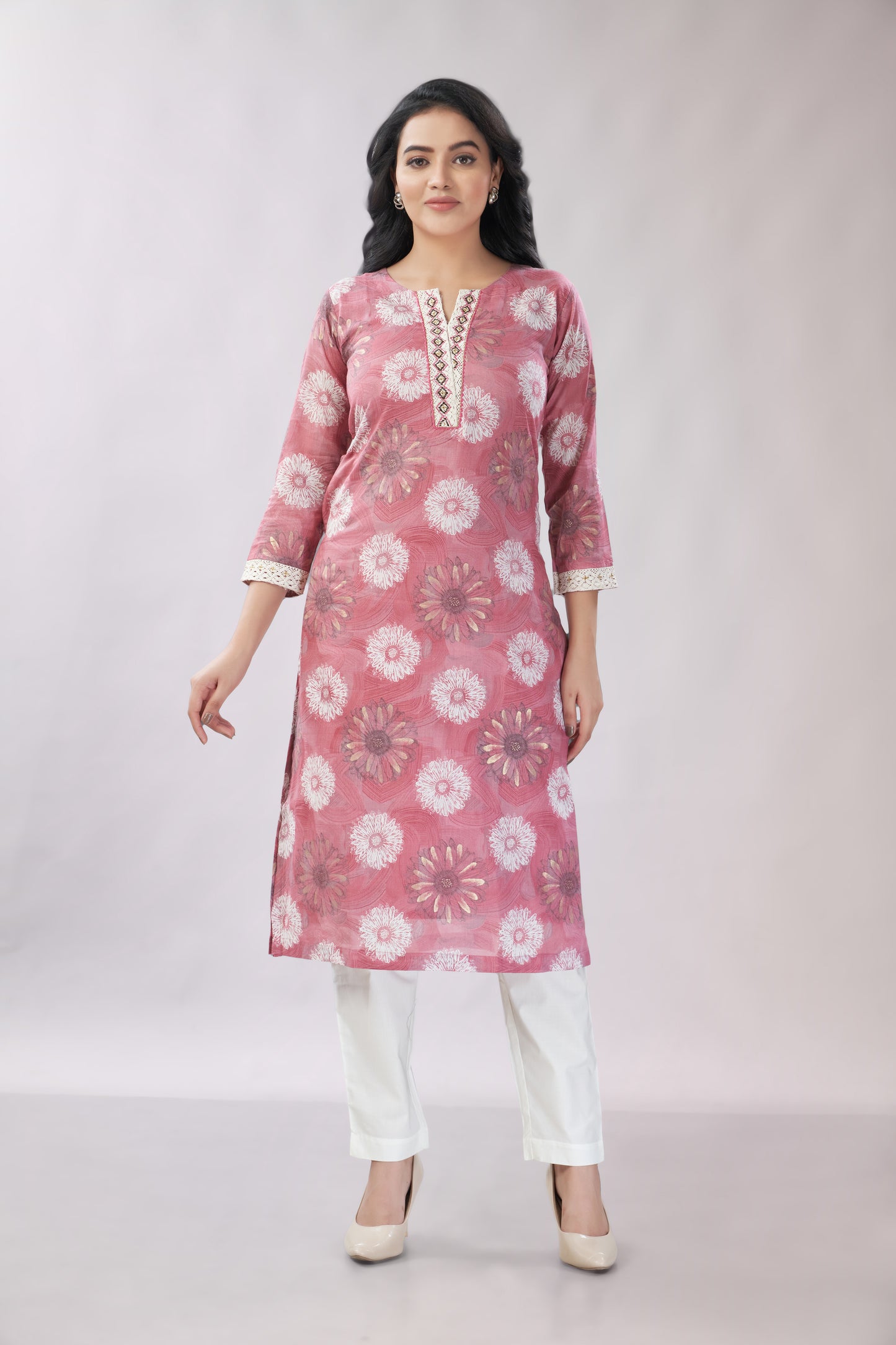 A-line Printed Embroidered Cotton Kurti - Dedhia House