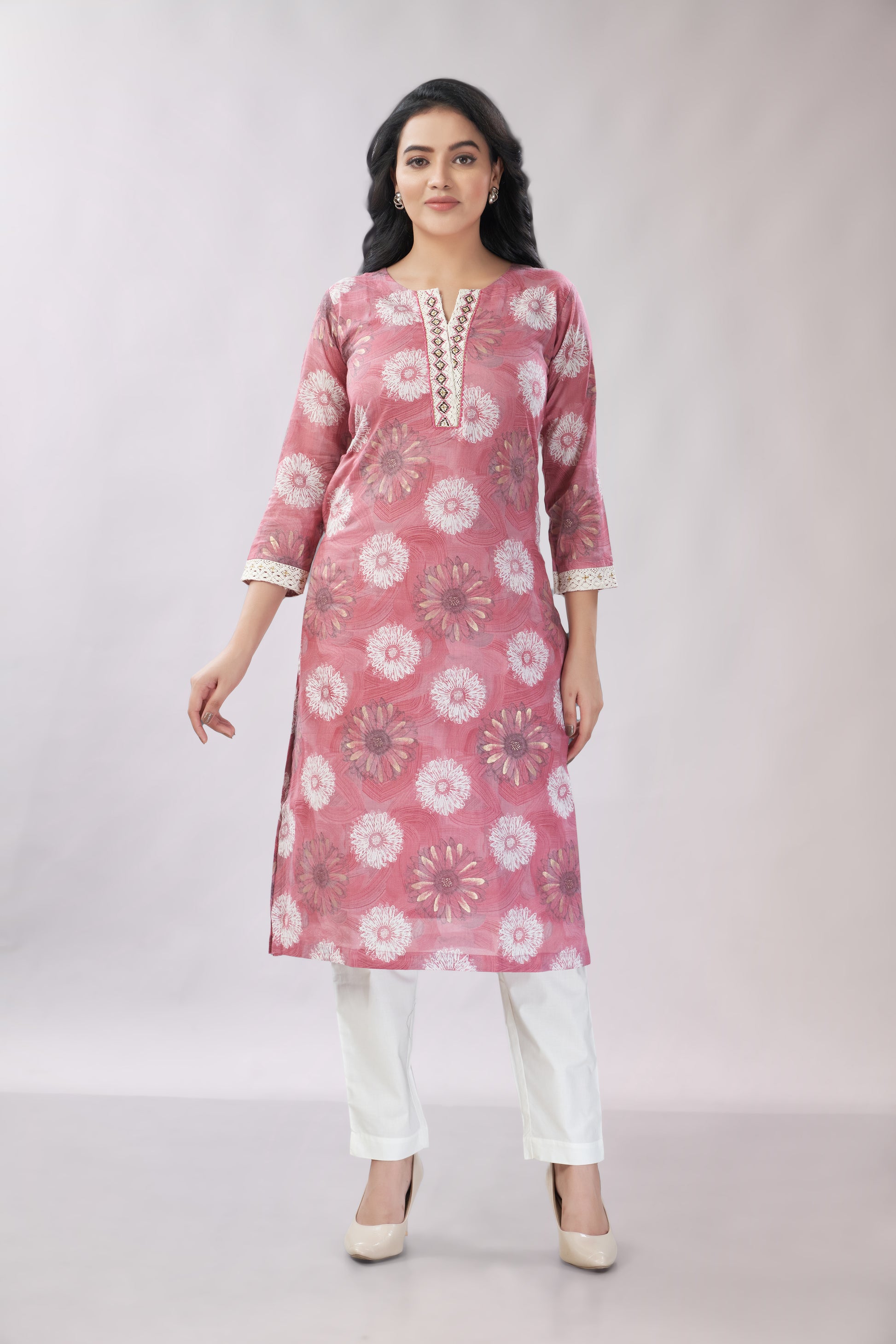 A-line Printed Embroidered Cotton Kurti - Dedhia House