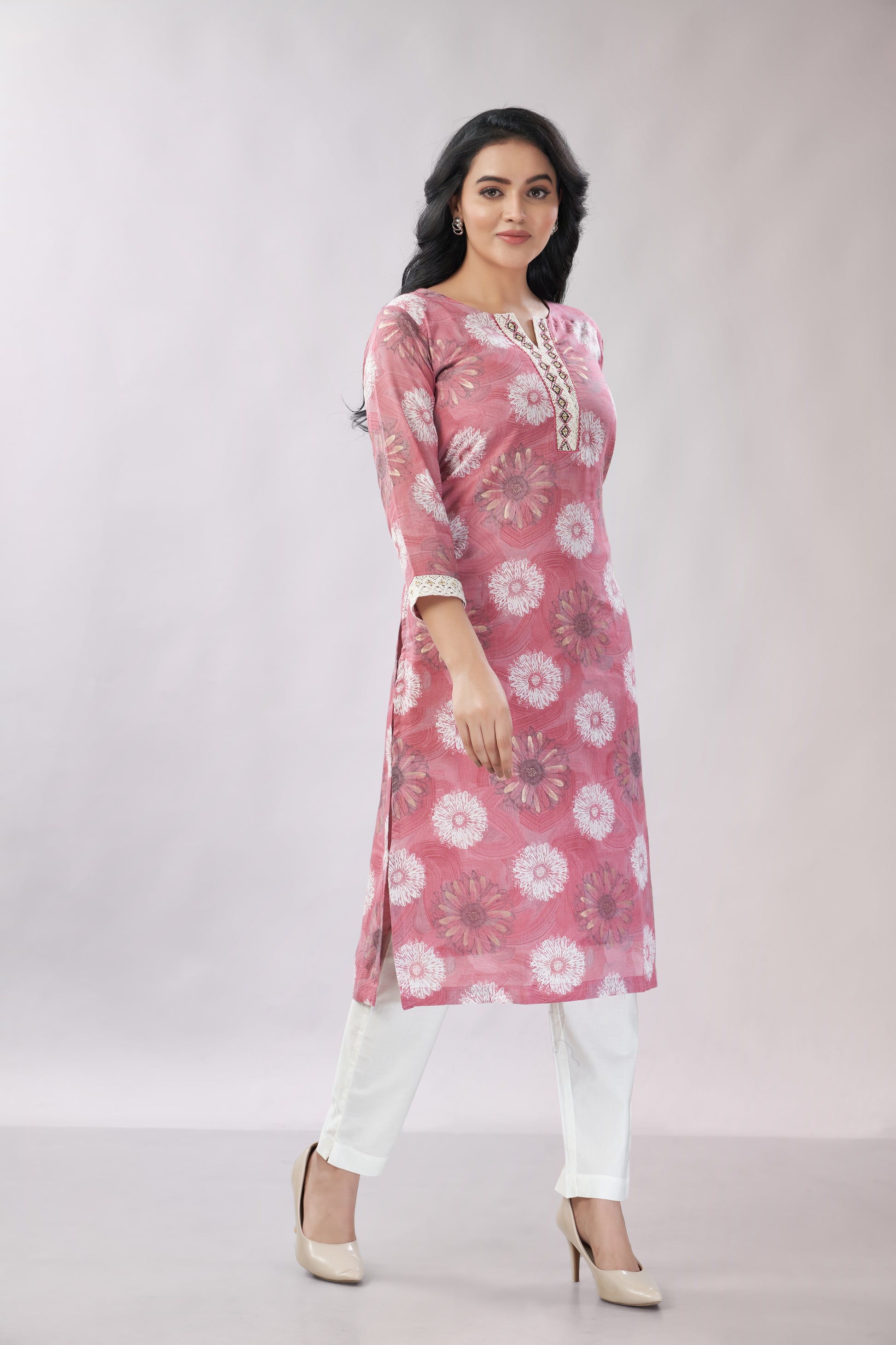 A-line Printed Embroidered Cotton Kurti - Dedhia House
