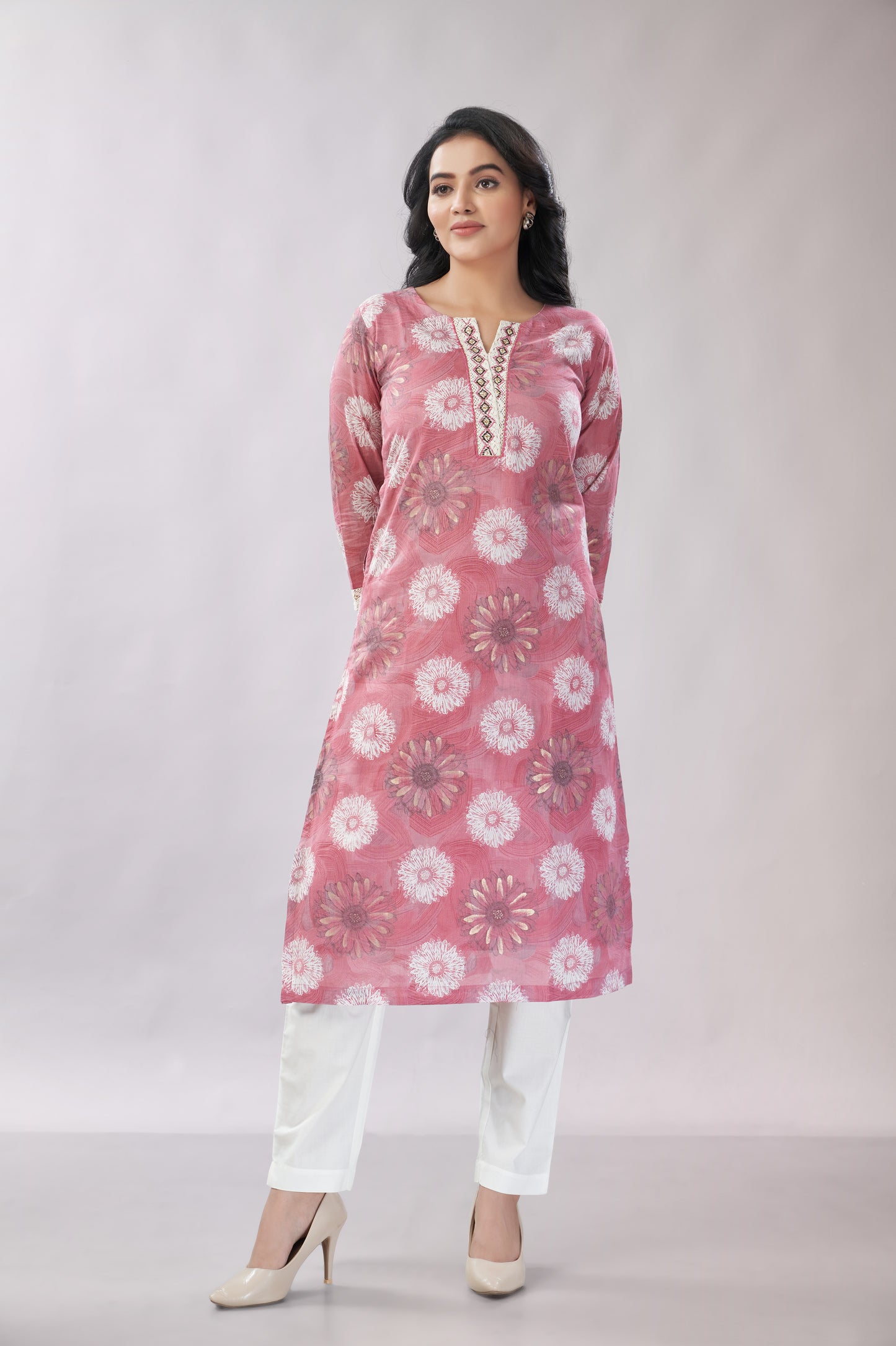 A-line Printed Embroidered Cotton Kurti - Dedhia House