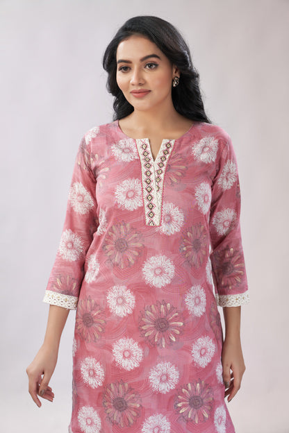 A-line Printed Embroidered Cotton Kurti - Dedhia House