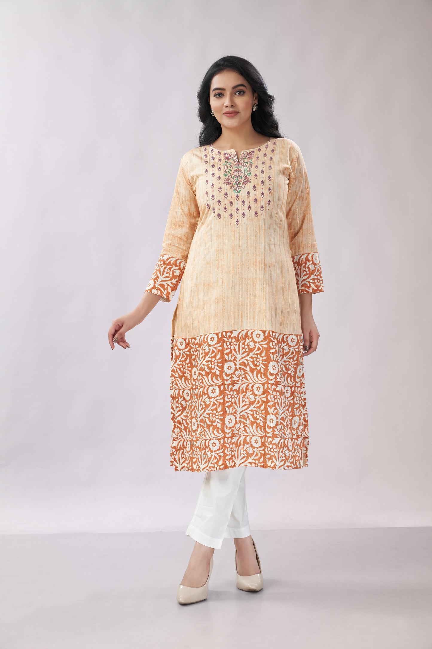 A-line Hand Printed Emrboidered Chanderi Kurti - Dedhia House