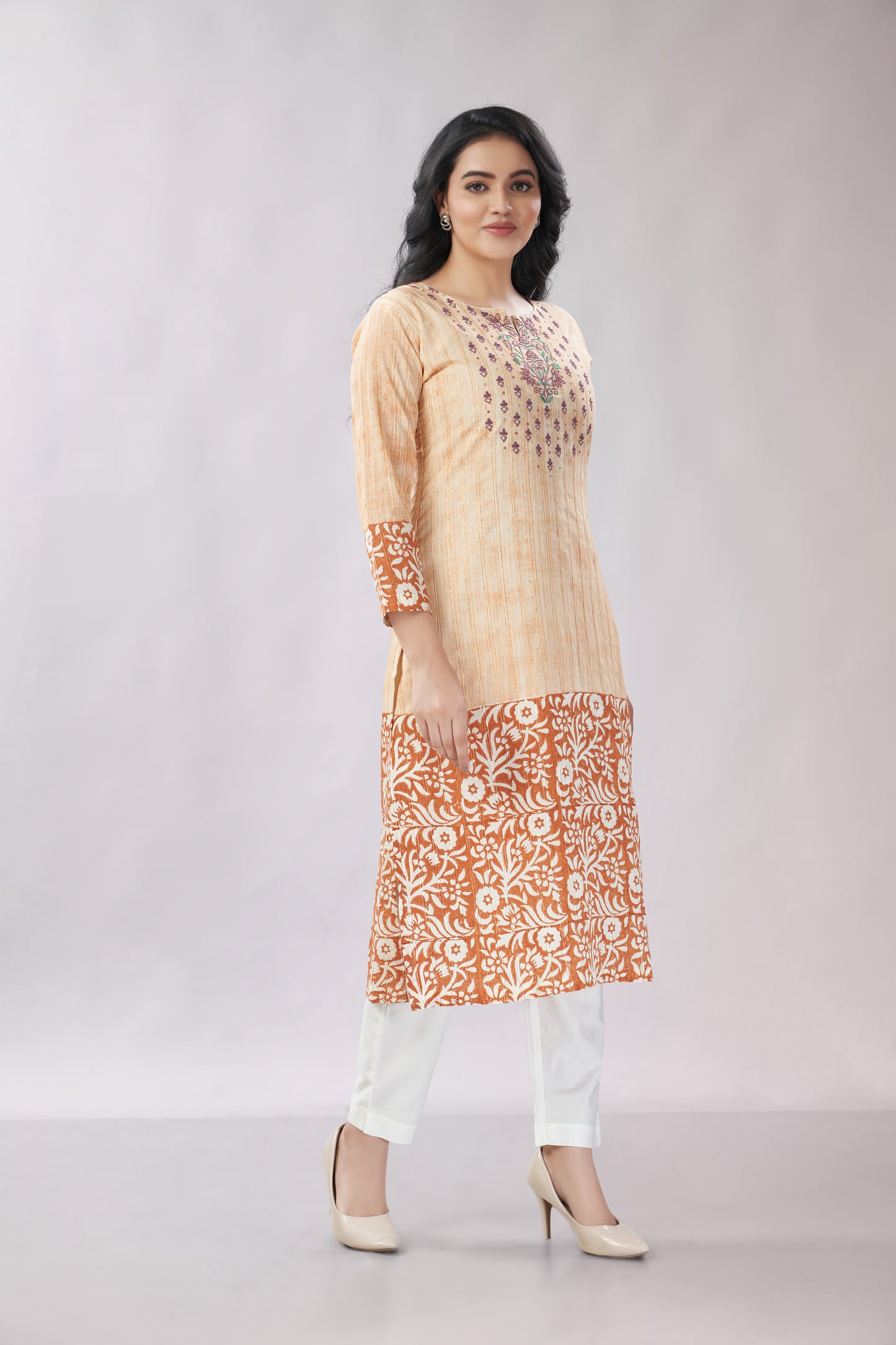 A-line Hand Printed Emrboidered Chanderi Kurti - Dedhia House