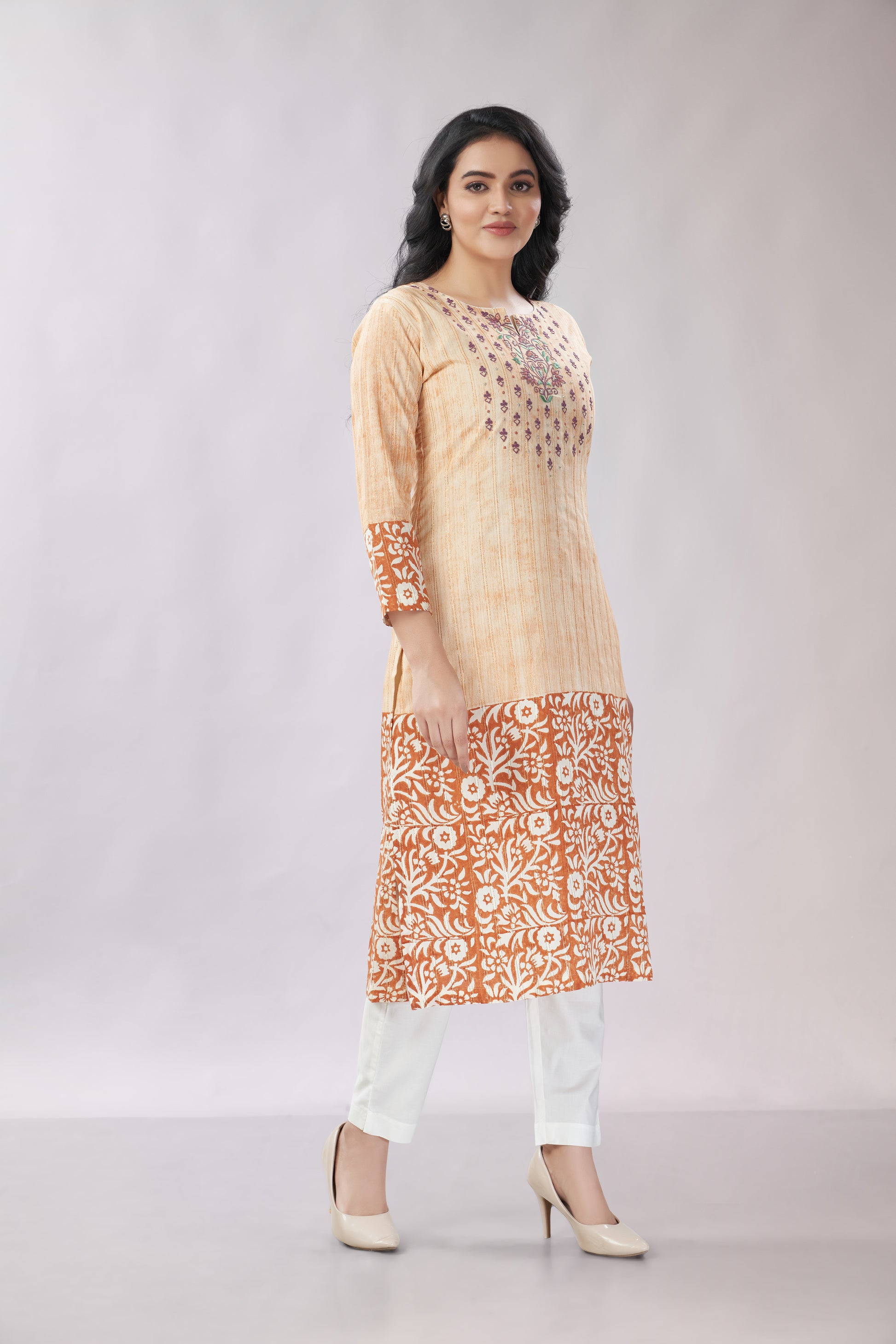 A-line Hand Printed Emrboidered Chanderi Kurti - Dedhia House