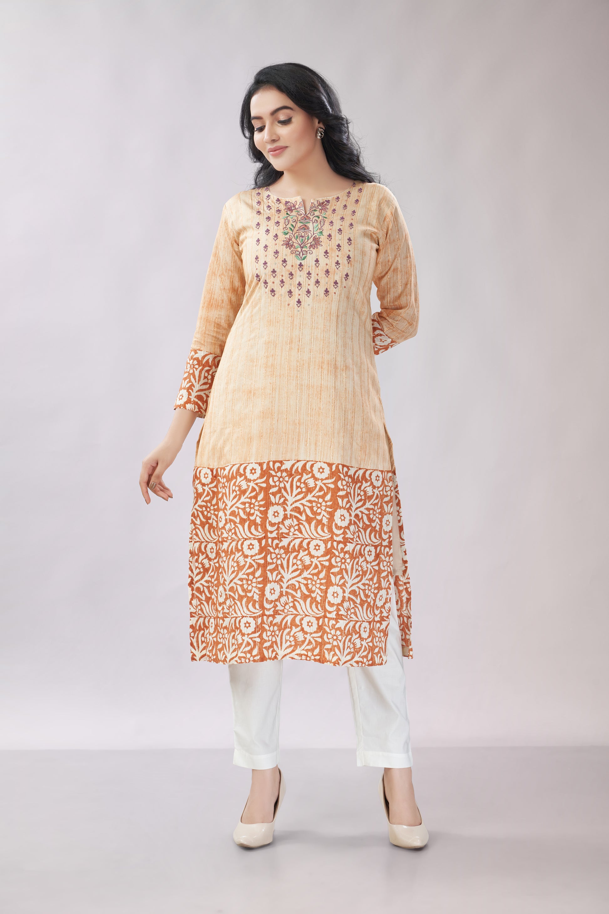 A-line Hand Printed Emrboidered Chanderi Kurti - Dedhia House