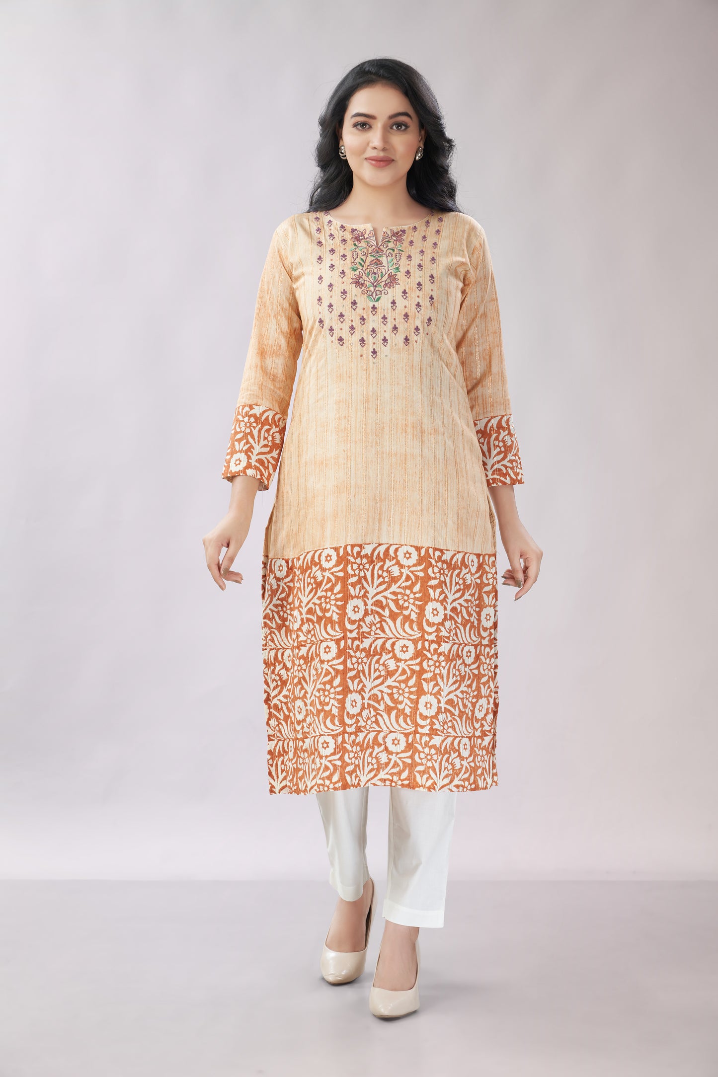A-line Hand Printed Emrboidered Chanderi Kurti - Dedhia House