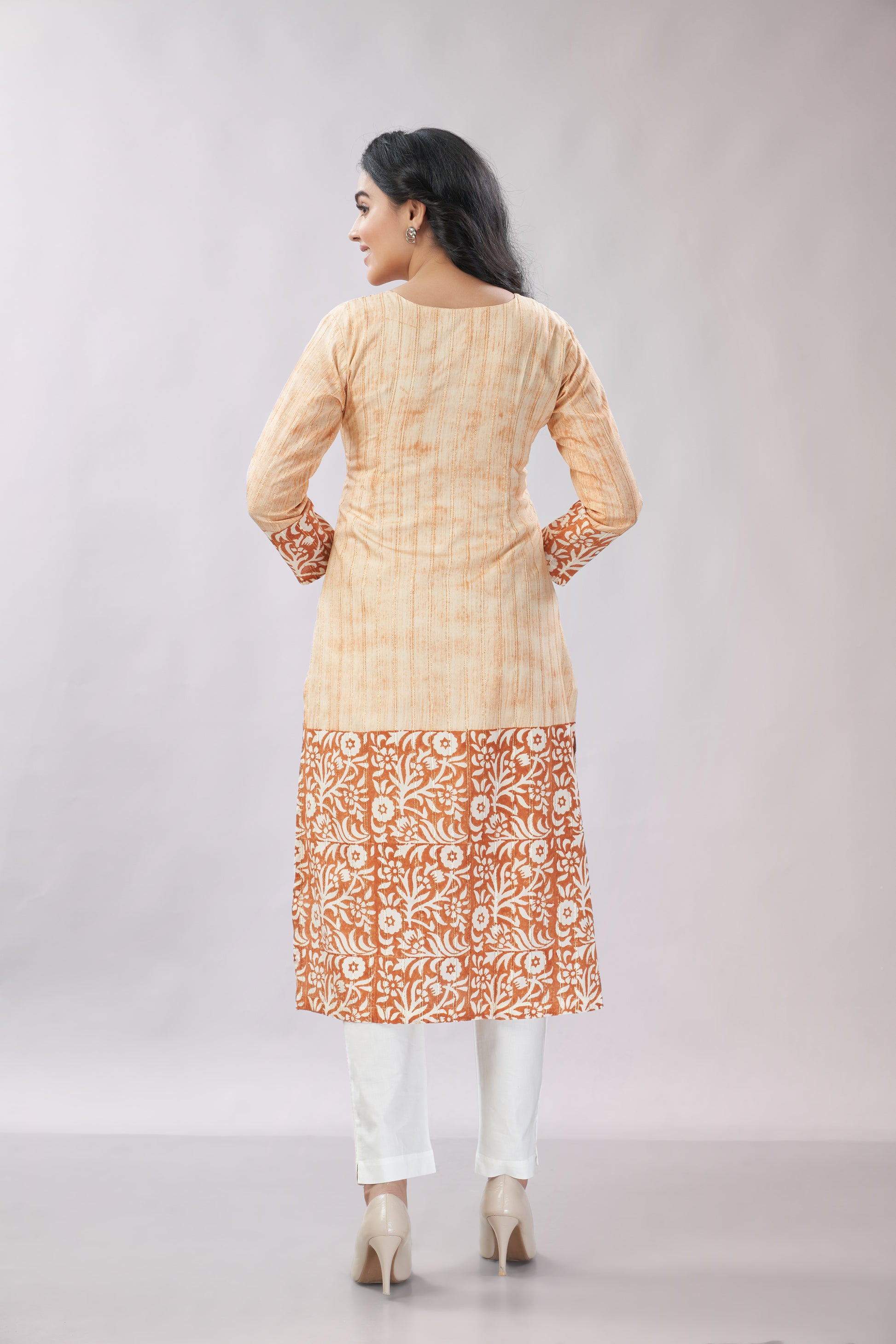 A-line Hand Printed Emrboidered Chanderi Kurti - Dedhia House