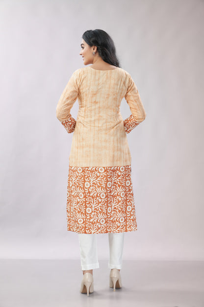 A-line Hand Printed Emrboidered Chanderi Kurti - Dedhia House