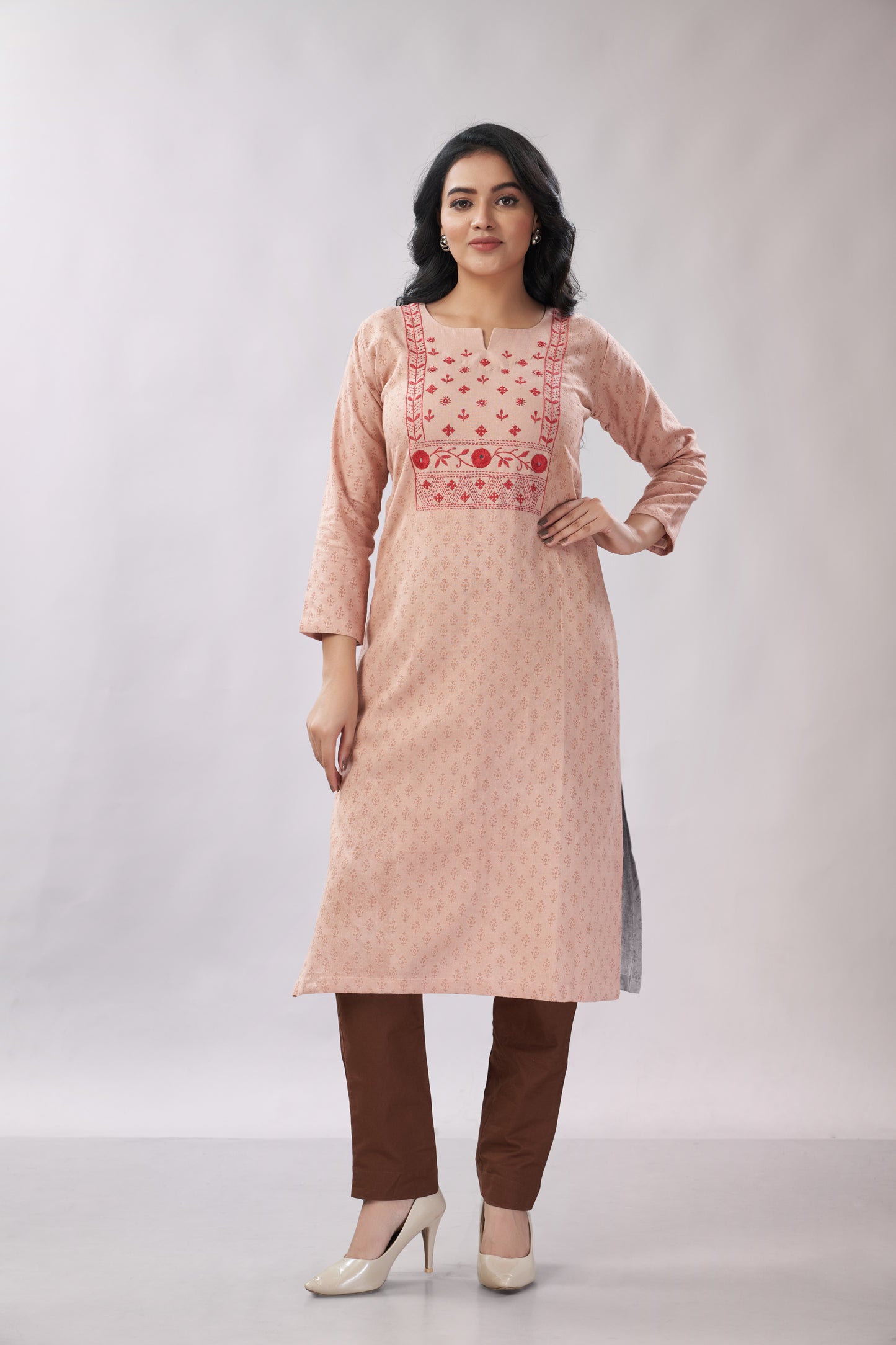 A-line Hand Embroidered Block Printed Cotton Kurti - Dedhia House