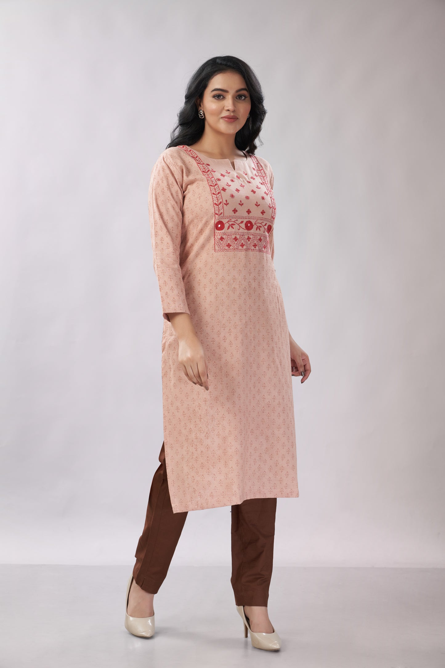 A-line Hand Embroidered Block Printed Cotton Kurti - Dedhia House