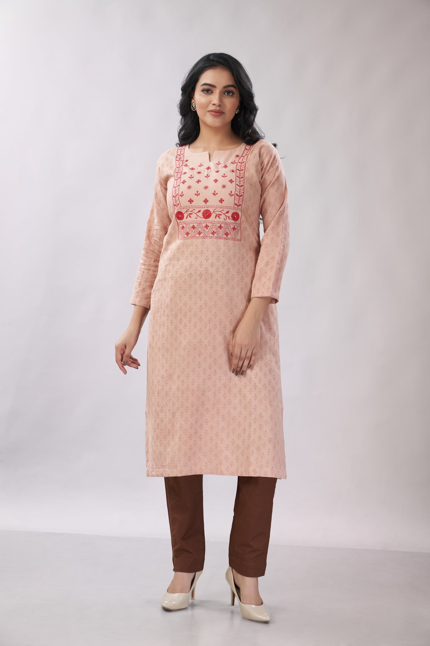 A-line Hand Embroidered Block Printed Cotton Kurti - Dedhia House