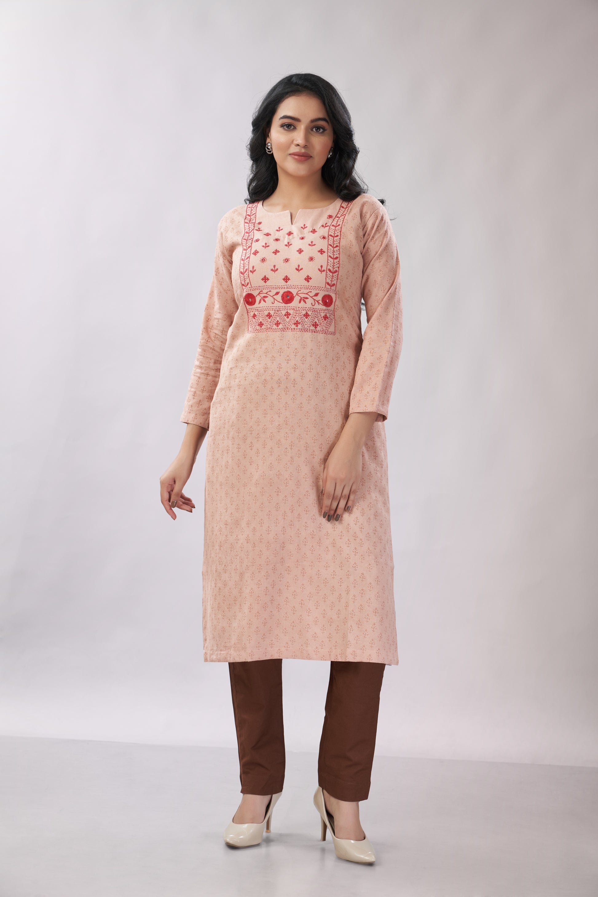 A-line Hand Embroidered Block Printed Cotton Kurti - Dedhia House