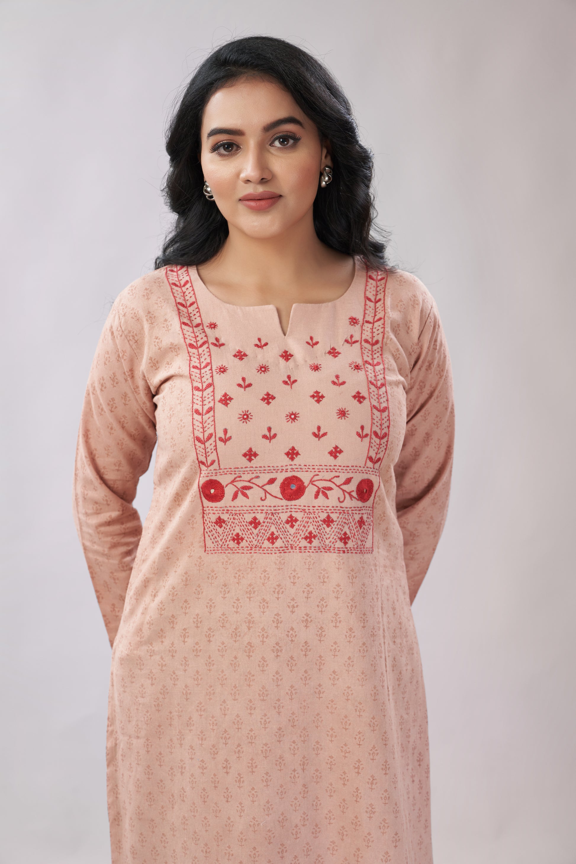 A-line Hand Embroidered Block Printed Cotton Kurti - Dedhia House