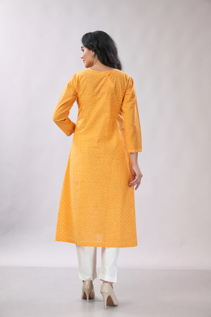 A-line Embroidered Block Printed Cotton Kurti - Dedhia House