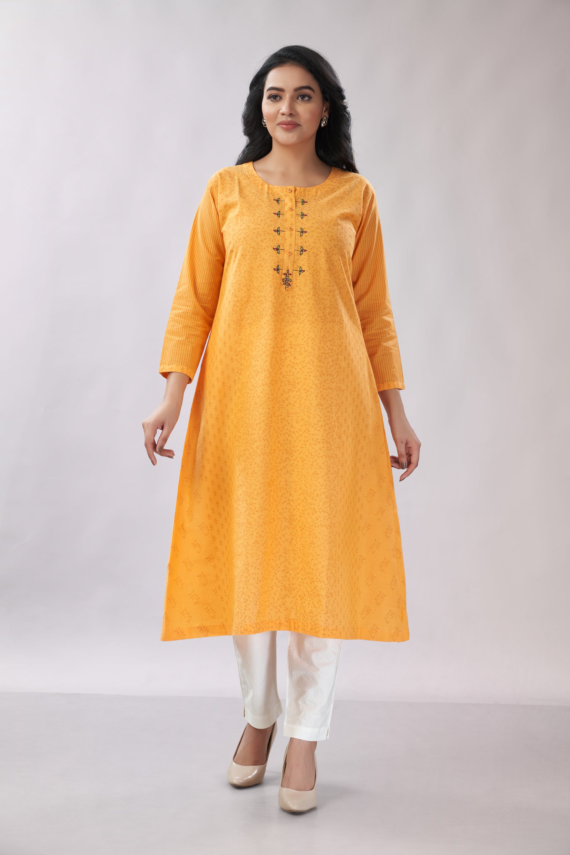 A-line Embroidered Block Printed Cotton Kurti - Dedhia House