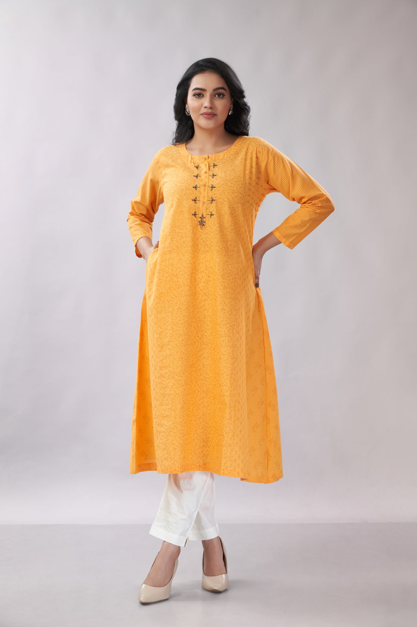 A-line Embroidered Block Printed Cotton Kurti - Dedhia House