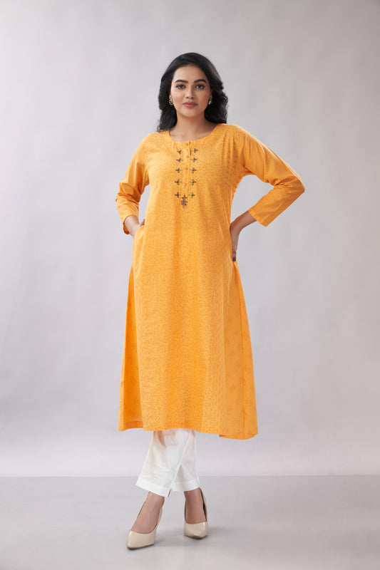 A-line Embroidered Block Printed Cotton Kurti - Dedhia House