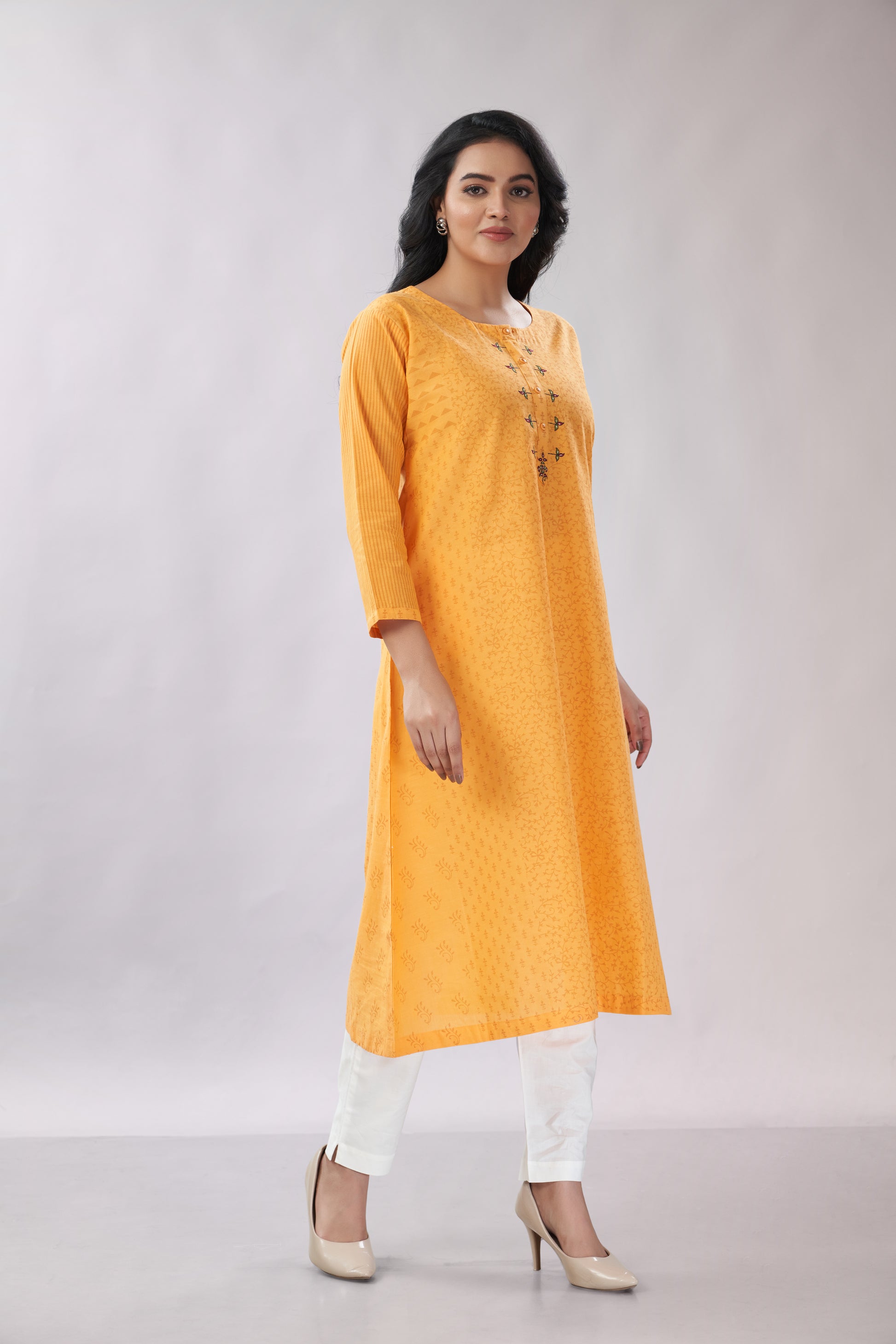 A-line Embroidered Block Printed Cotton Kurti - Dedhia House