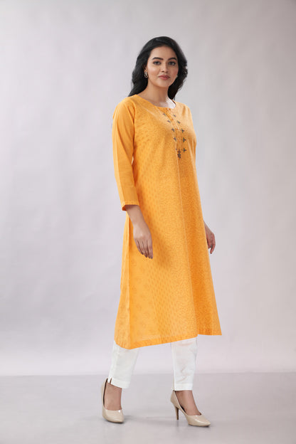 A-line Embroidered Block Printed Cotton Kurti - Dedhia House