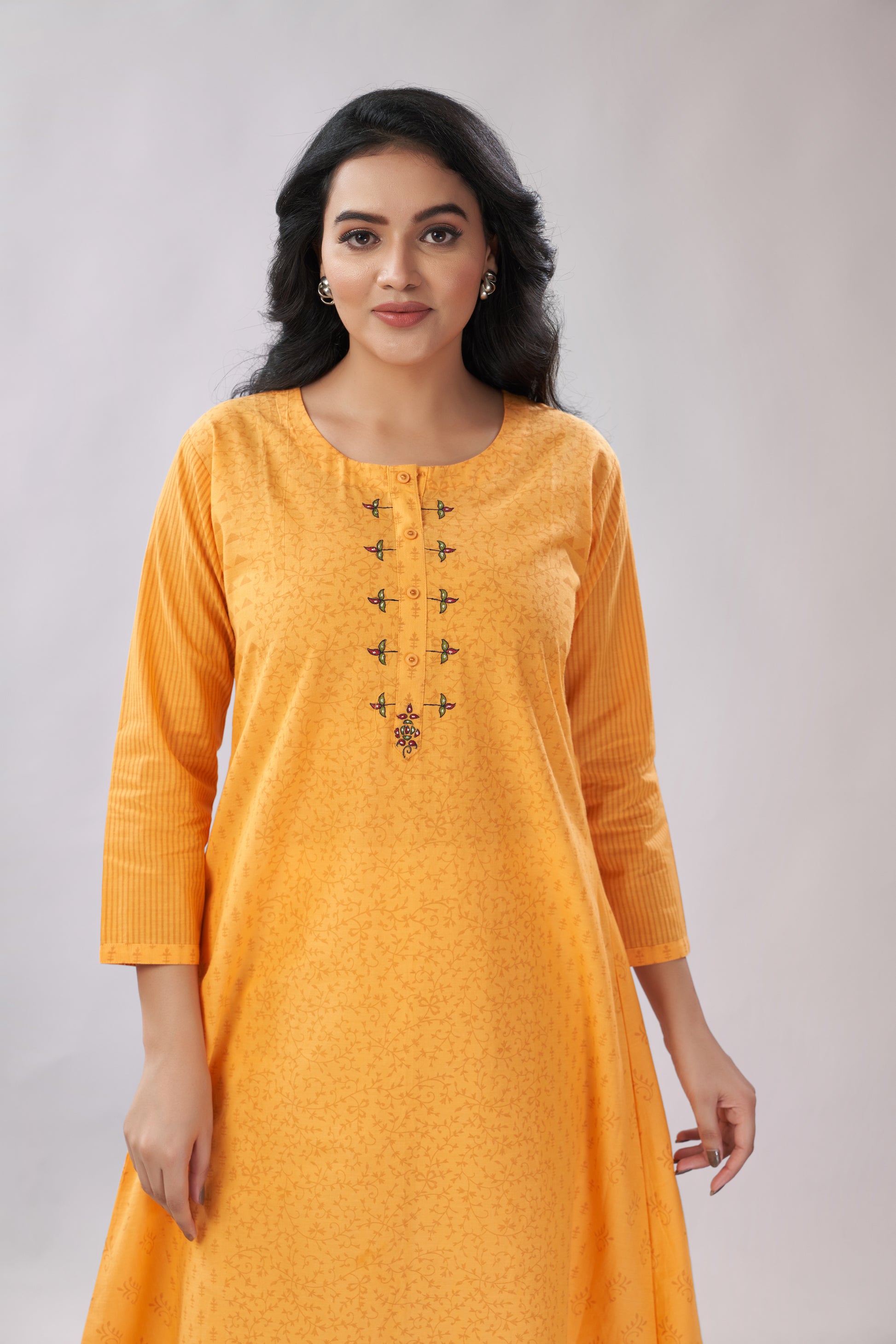 A-line Embroidered Block Printed Cotton Kurti - Dedhia House