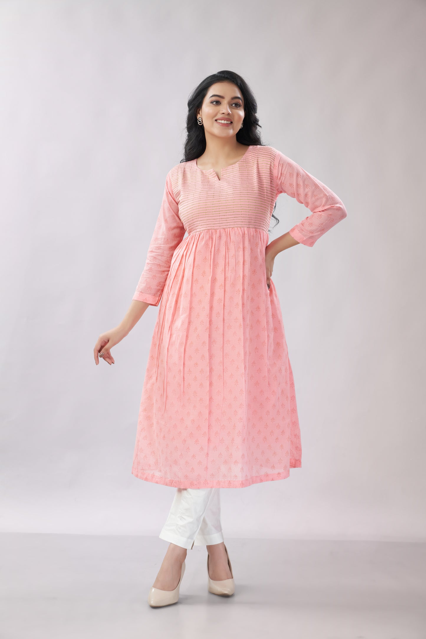 A-line Flared Blush Pink Kurti - Dedhia House