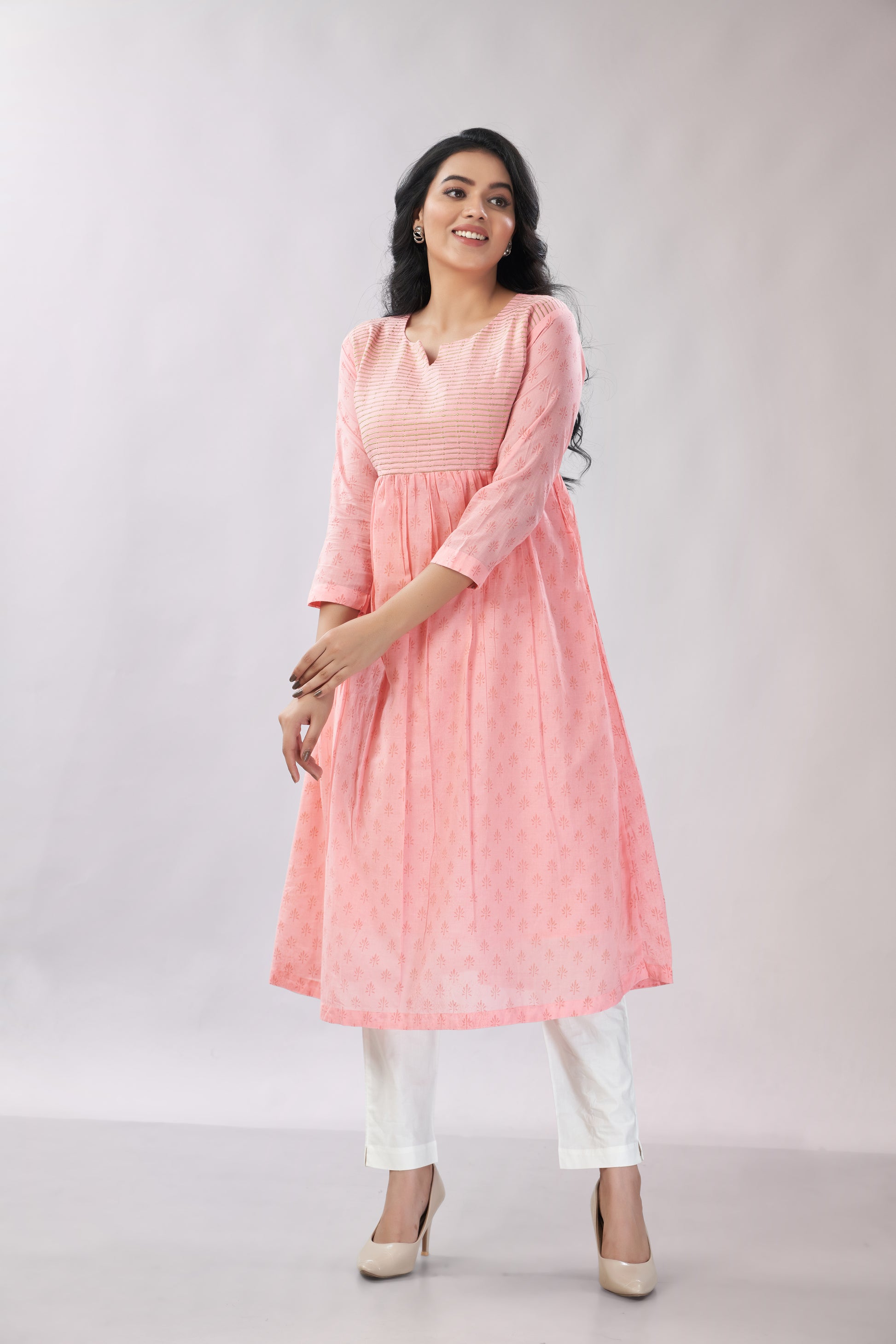A-line Flared Blush Pink Kurti - Dedhia House