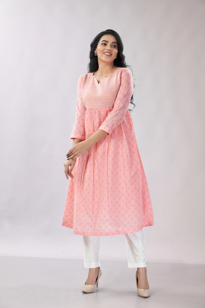 A-line Flared Blush Pink Kurti - Dedhia House