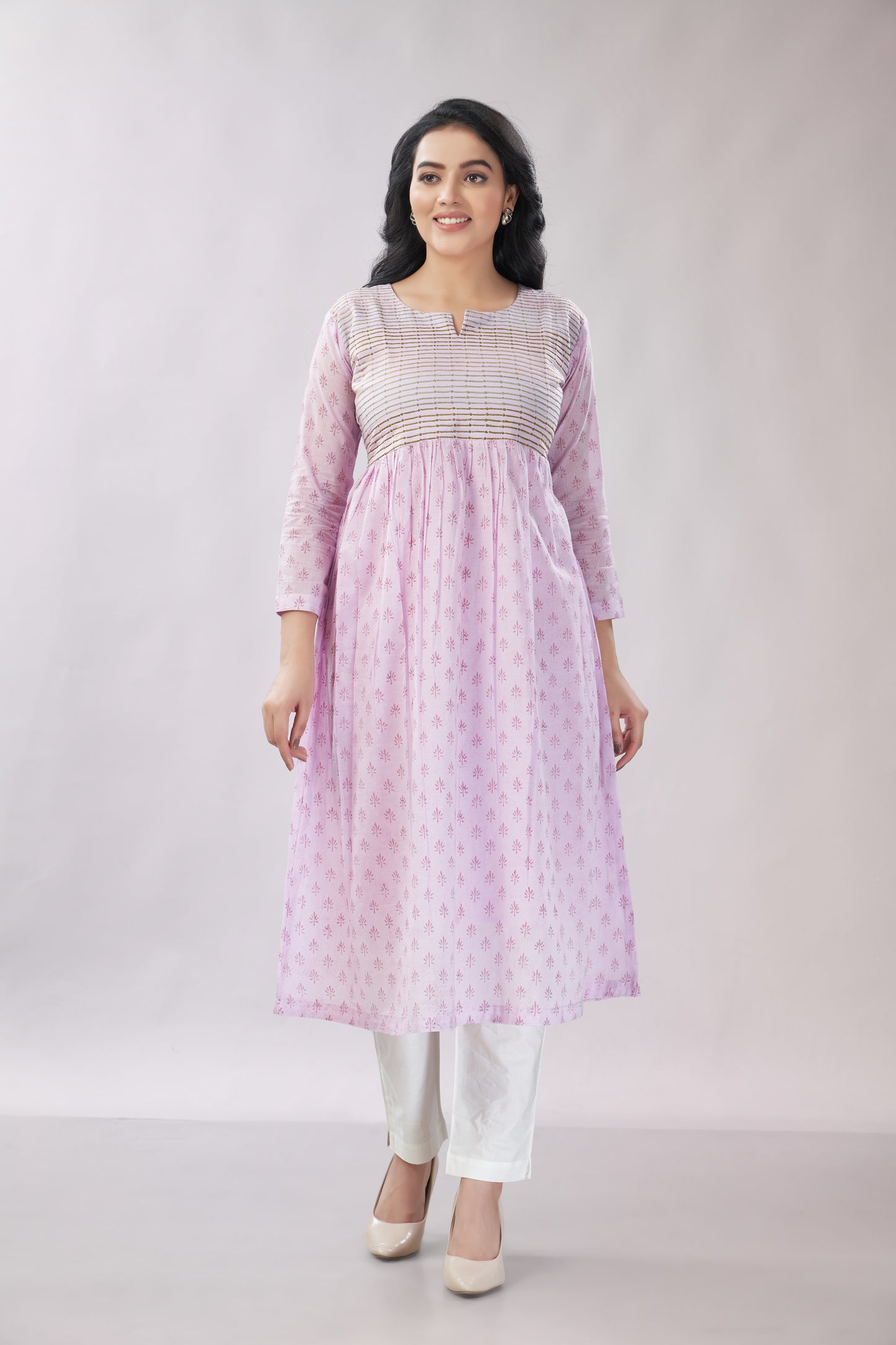 A-line Flared Lavender Kurti - Dedhia House