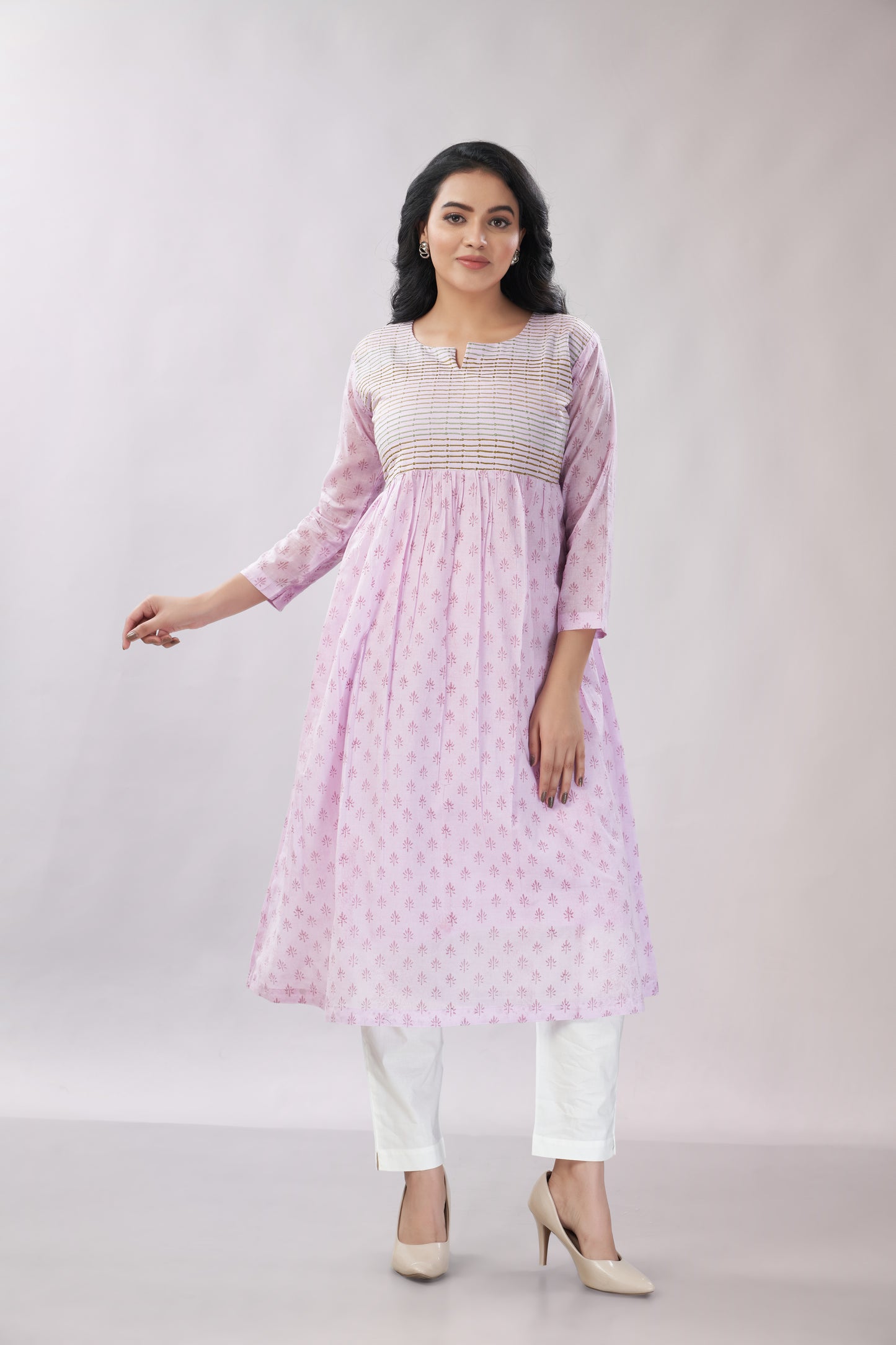 A-line Flared Lavender Kurti - Dedhia House