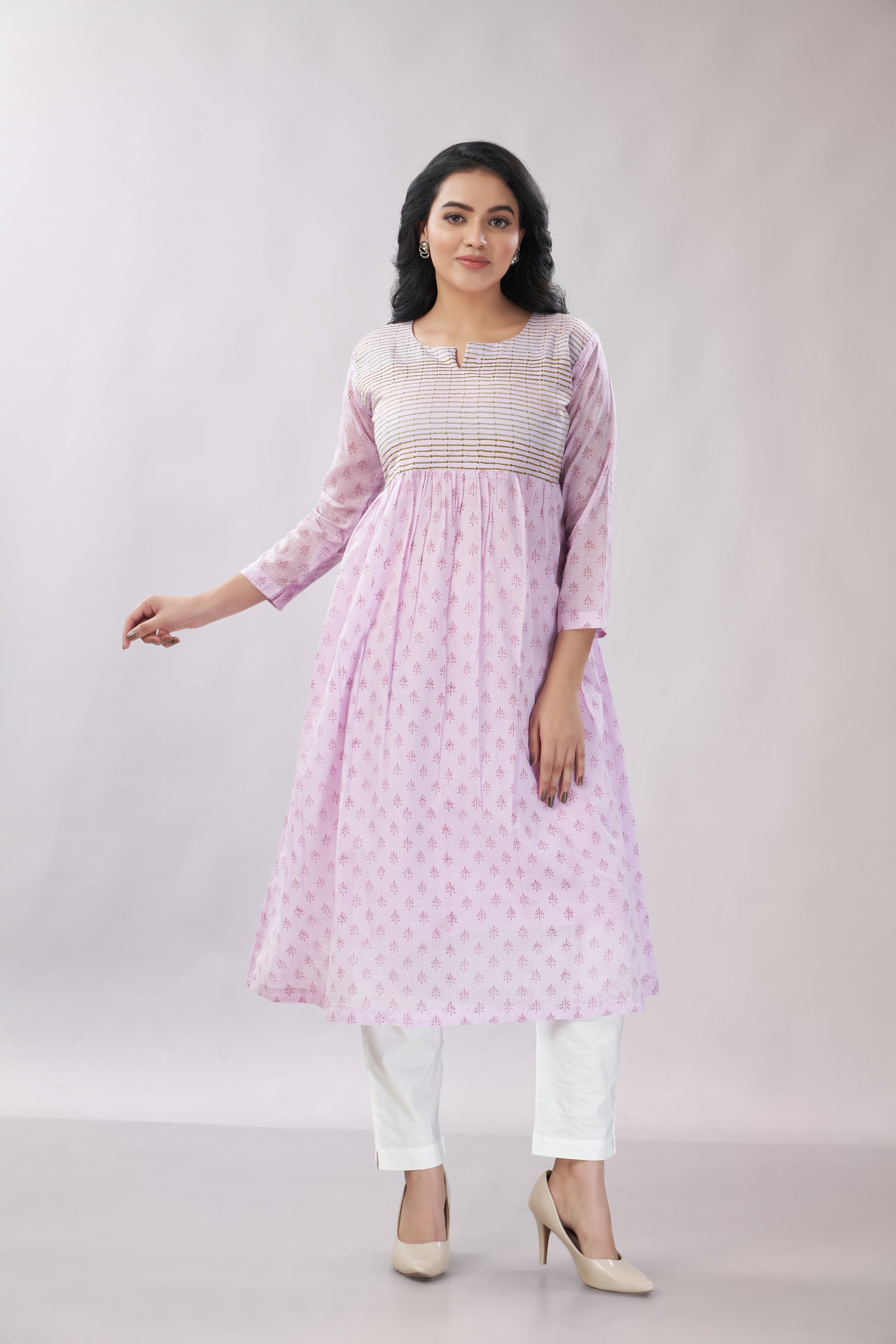 A-line Flared Lavender Kurti - Dedhia House