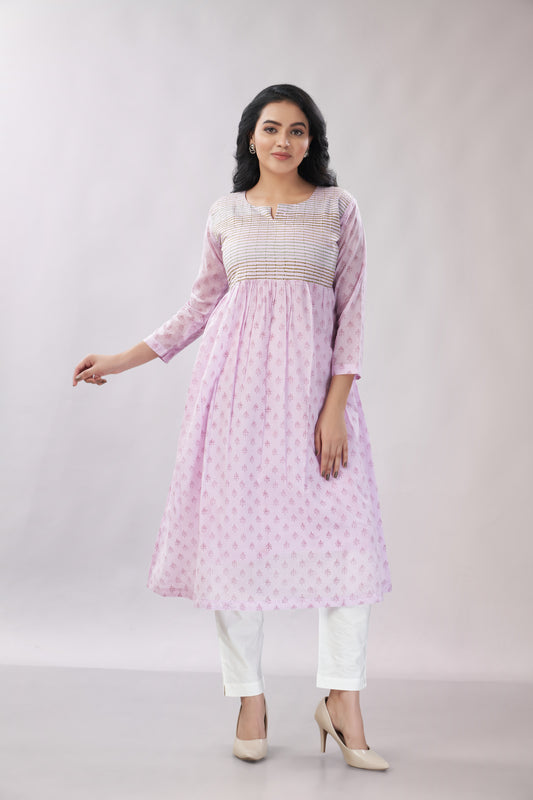 A-line Flared Lavender Kurti - Dedhia House