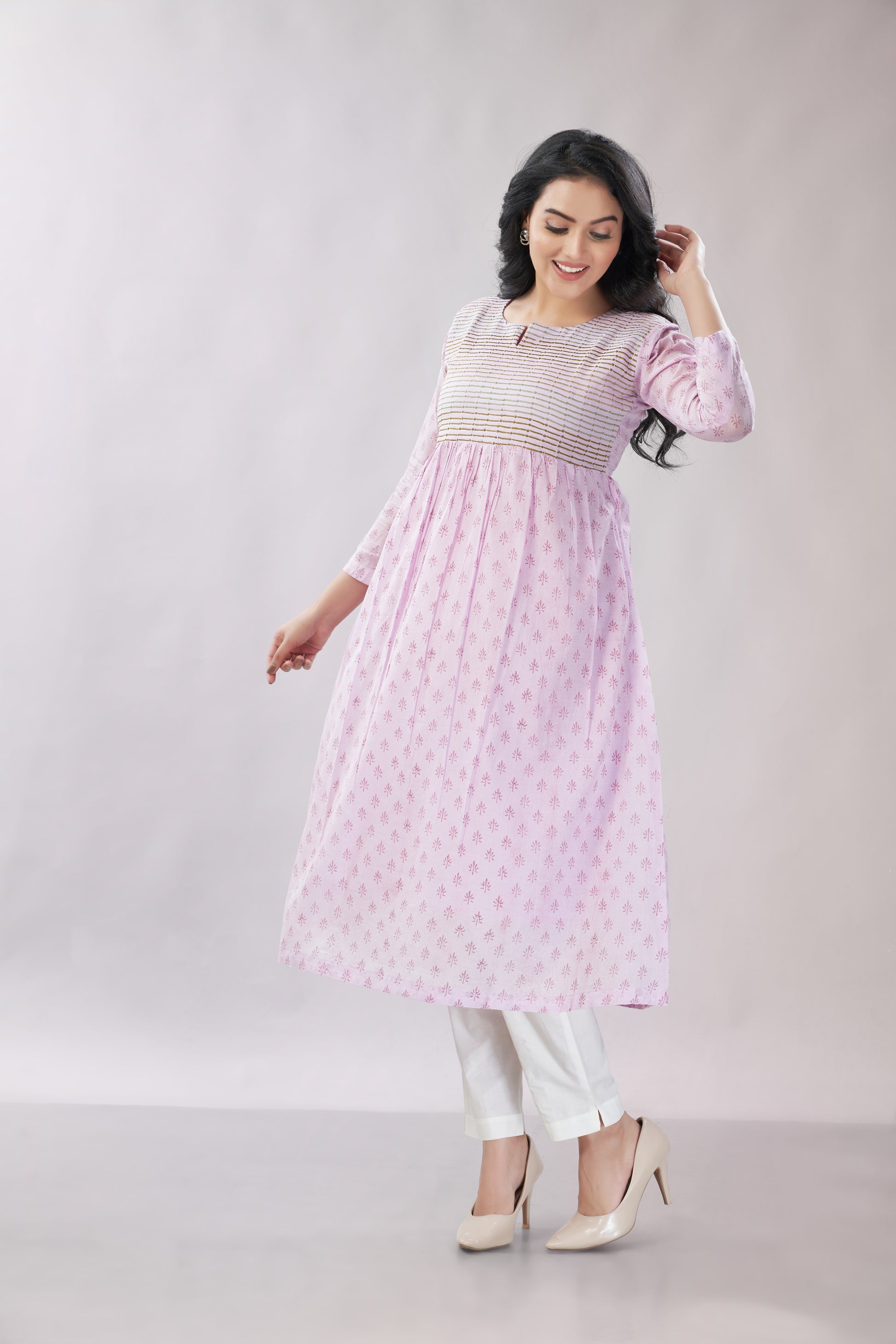 A-line Flared Lavender Kurti - Dedhia House