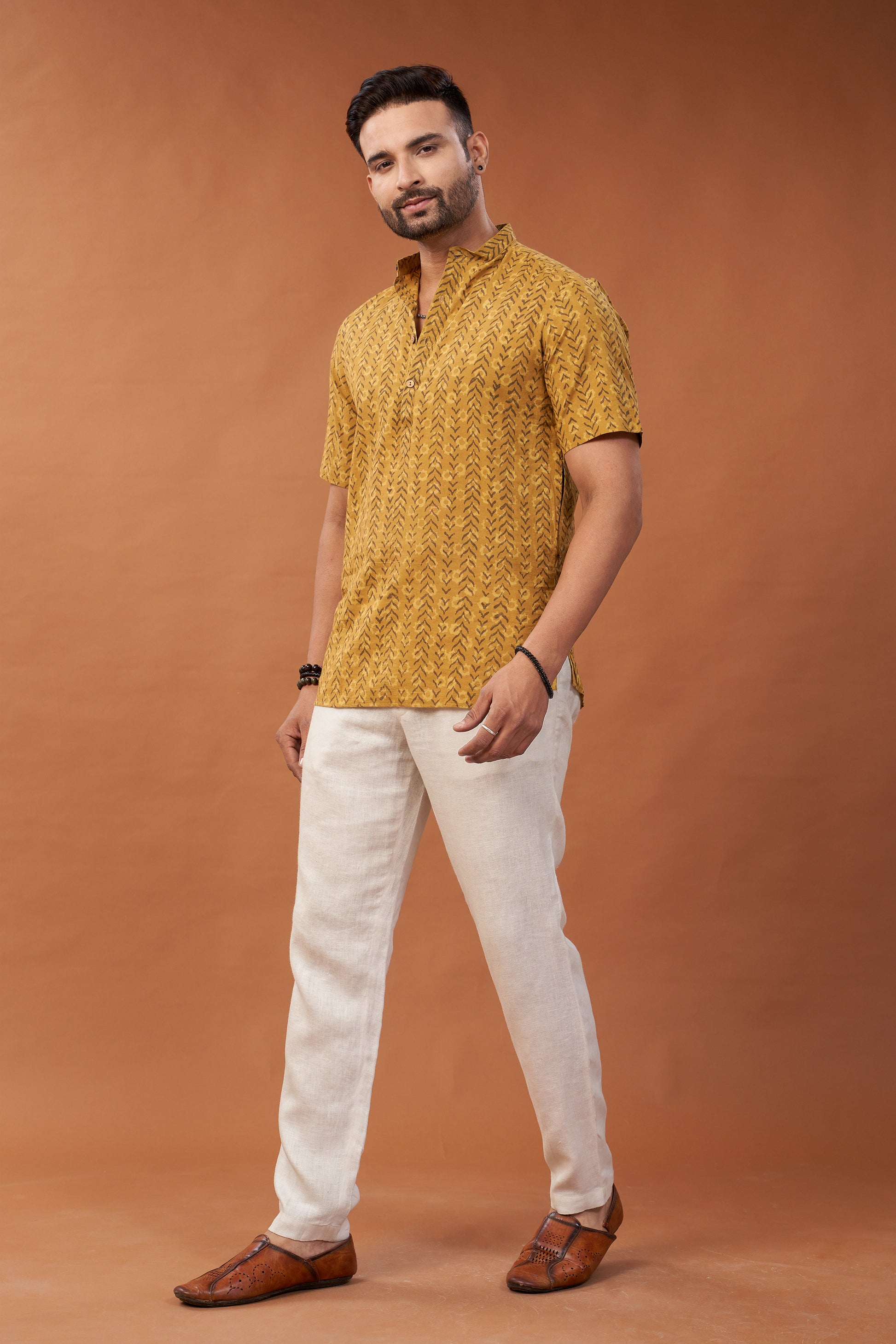 Ajrakh Mustard Geometric Print Kurta T-Shirt - Dedhia House