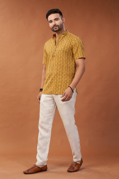Ajrakh Mustard Geometric Print Kurta T-Shirt - Dedhia House