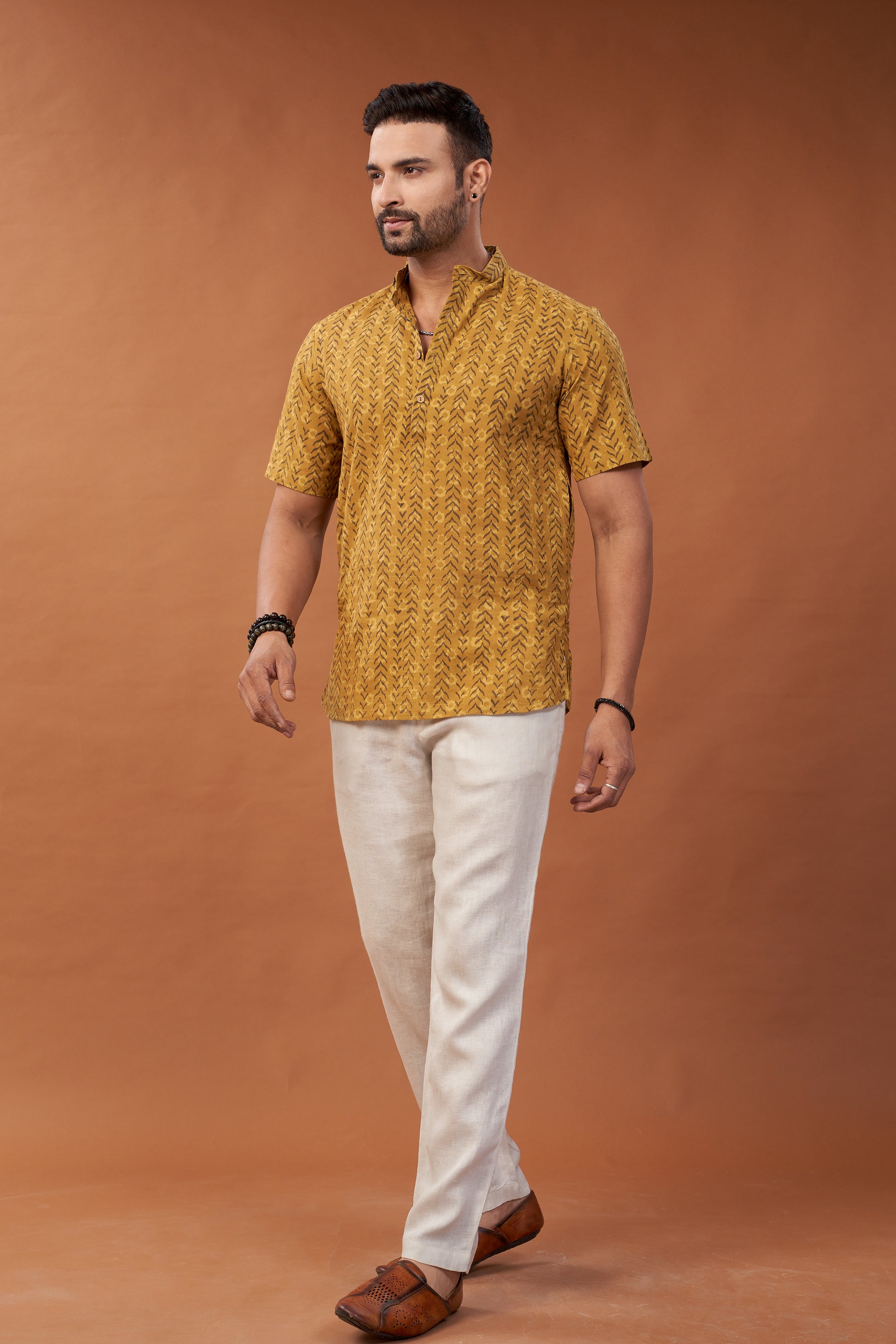 Ajrakh Mustard Geometric Print Kurta T-Shirt - Dedhia House