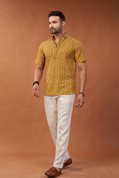 Ajrakh Mustard Geometric Print Kurta T-Shirt - Dedhia House