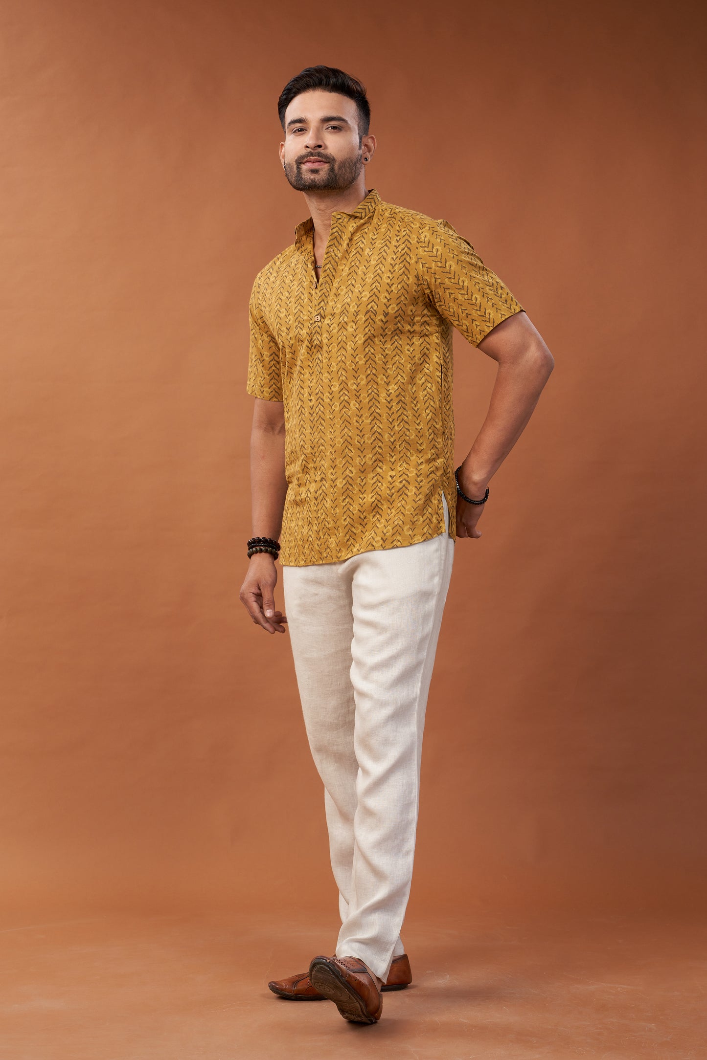 Ajrakh Mustard Geometric Print Kurta T-Shirt - Dedhia House